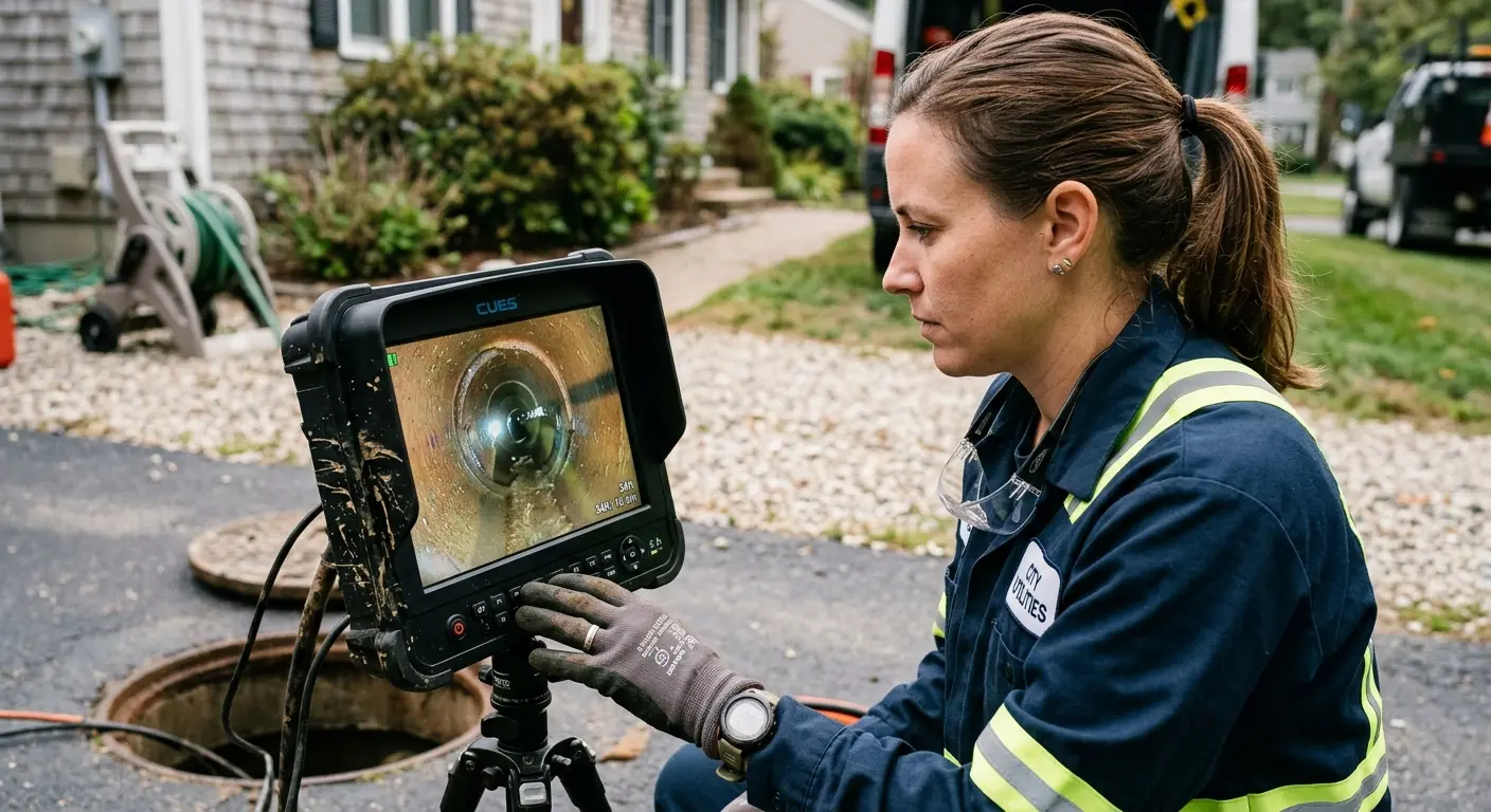 Technician reviewing sewer camera inspection footage in Trussville