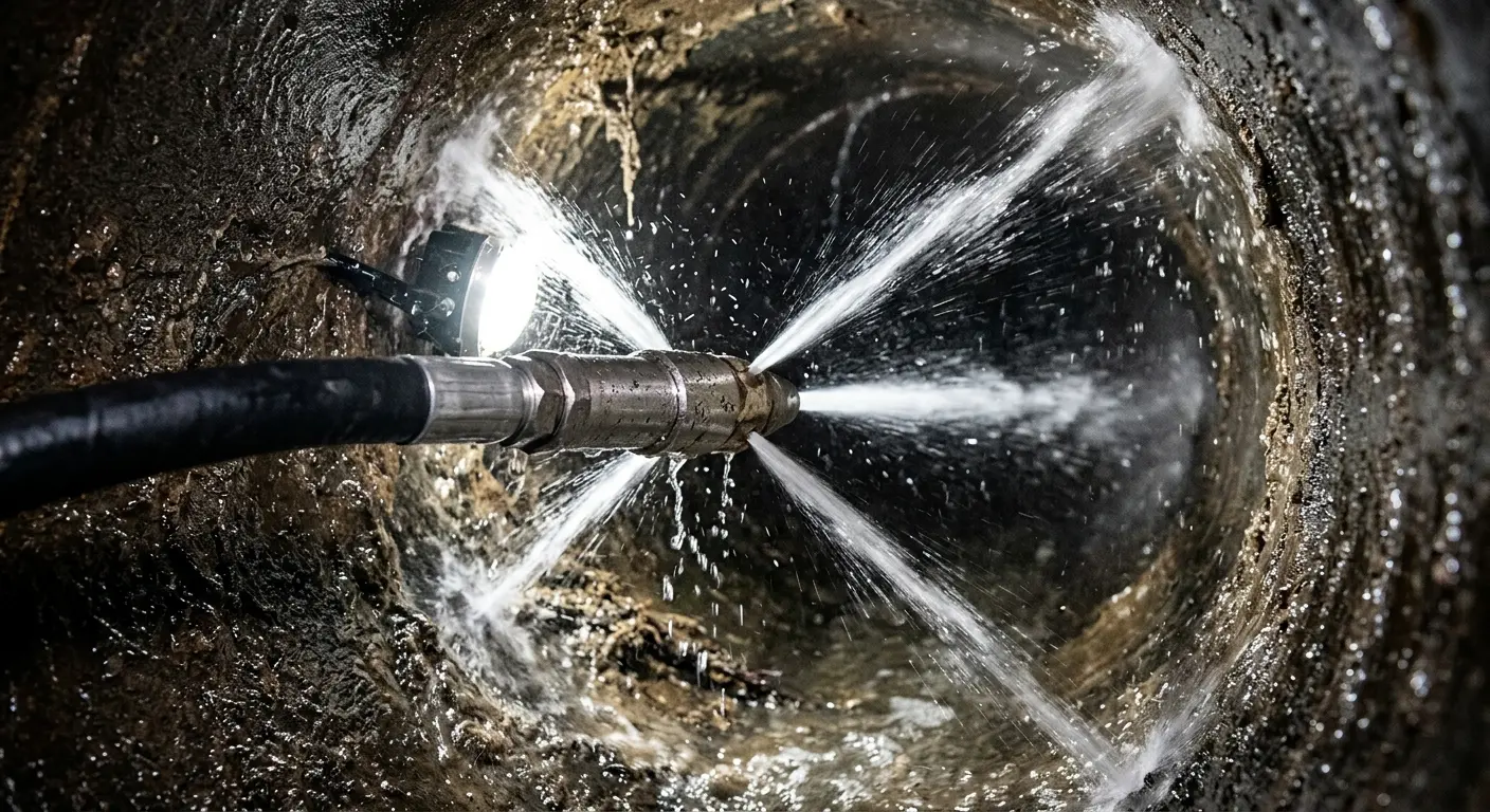 High-pressure hydro jetting nozzle cleaning sewer pipe for Emergency Drain Service in Trussville