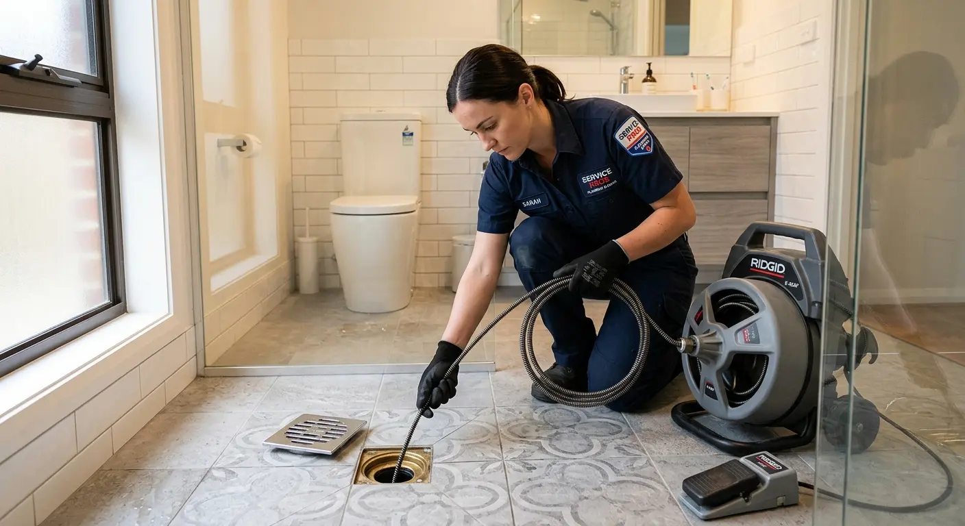 Technician clearing a bathroom floor drain for Sewer Line Installation in Trussville